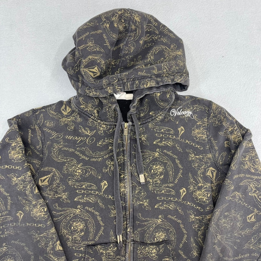 Volcom‎ Stone Kids Zip Up Hoodie Black Gold Filigree Logo Print Size Large - Picture 2 of 13
